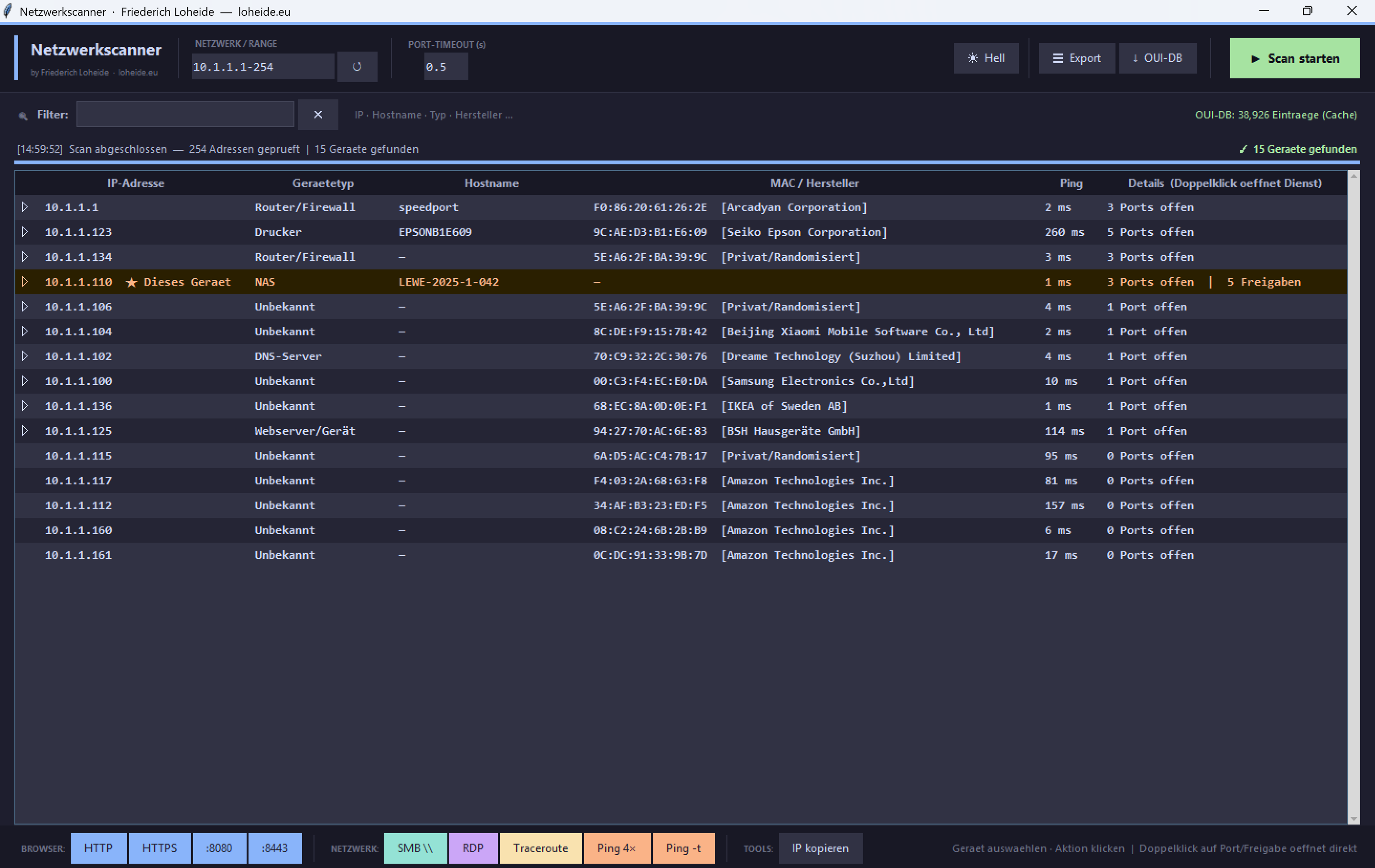 Hauptfenster des Netzwerkscanners mit Scan-Ergebnissen