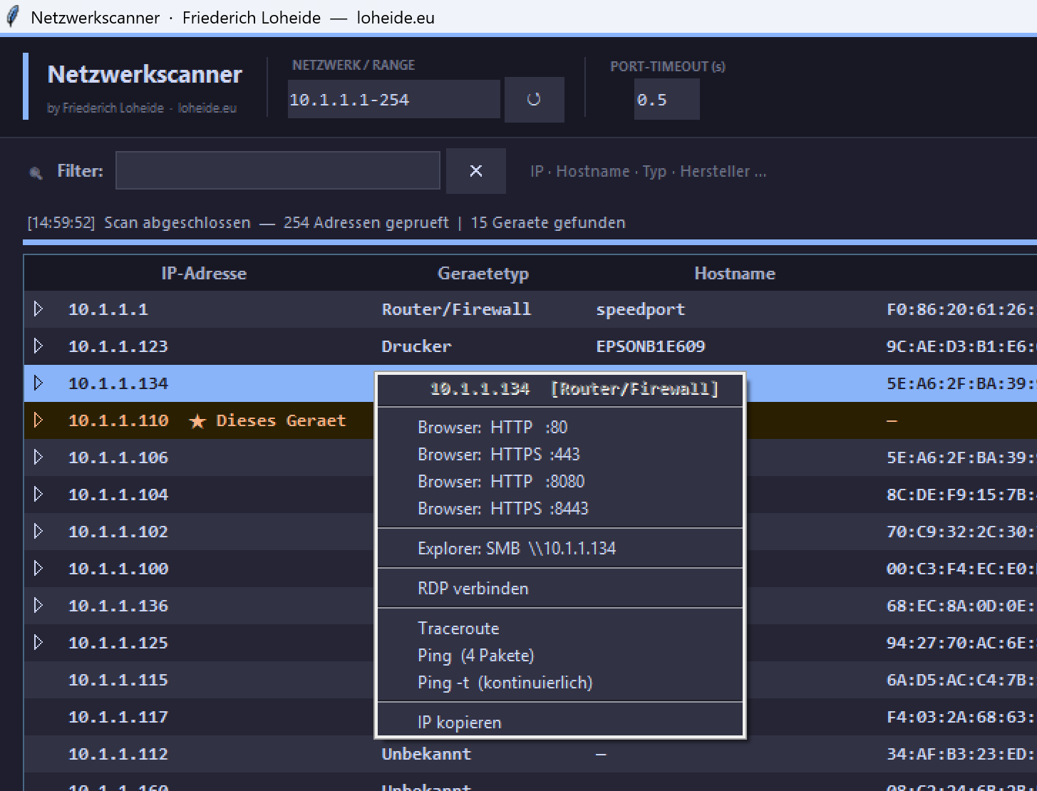 Detailansicht eines gefundenen Netzwerkgeräts